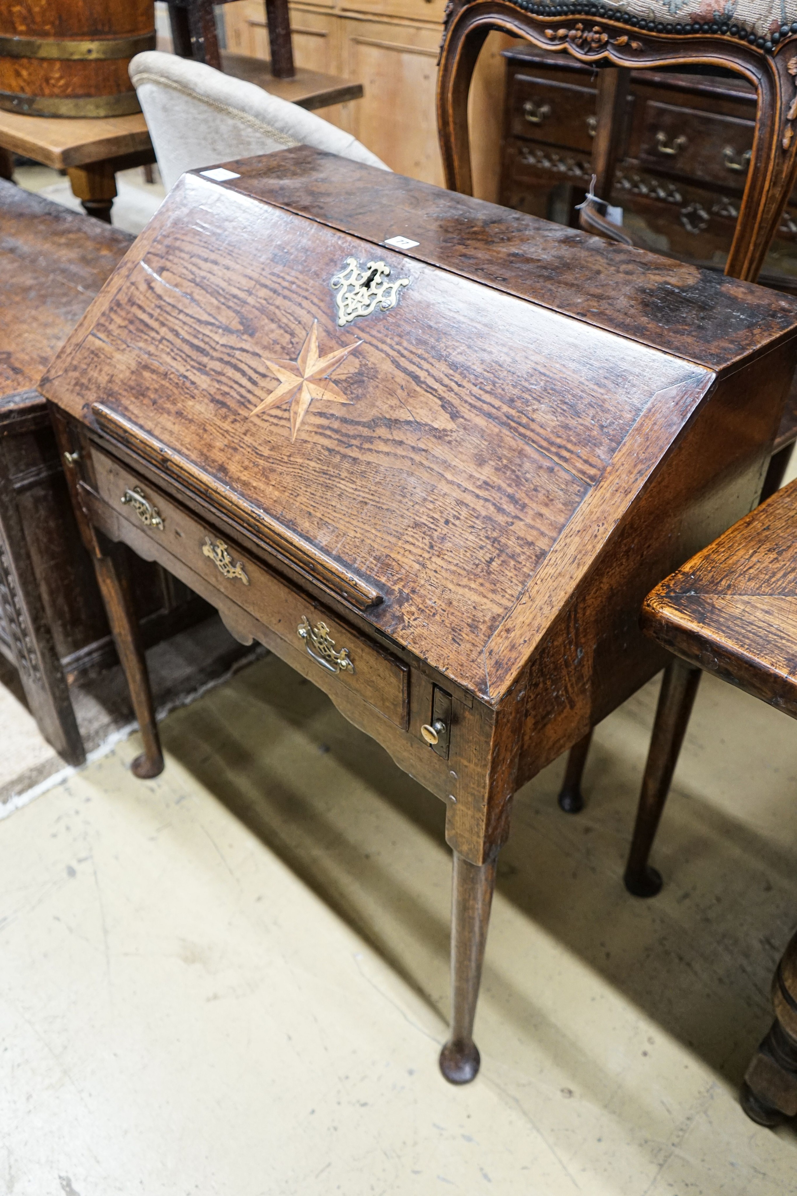 A mid 18th century inlaid oak and elm bureau, with fitted interior and single drawer, width 77cm, - Image 5 of 5