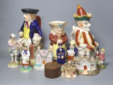 A group of assorted 19th century and later Staffordshire ceramics including a Toby jug, Colston