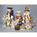 A group of assorted 19th century and later Staffordshire ceramics including a Toby jug, Colston