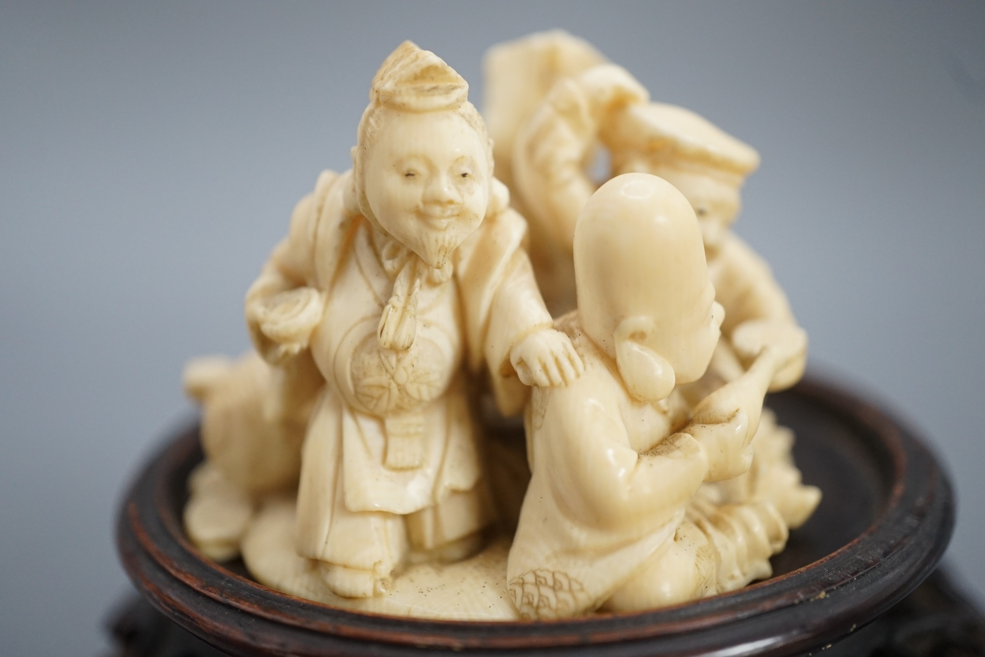 A Japanese ivory okimono of four of the Gods of Happiness, signed Gyokuzan, early 20th century, 6cm - Image 6 of 8