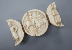 A 19th century Dieppe ivory globular triptych, possibly depicting Crimean war figures, 5.4cm