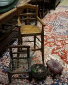 An early 19th century primitive mahogany child's chair, with strung seat, height 29cm, a beech