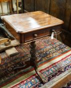 A Victorian square mahogany side table fitted single drawer, turned and carved single column on