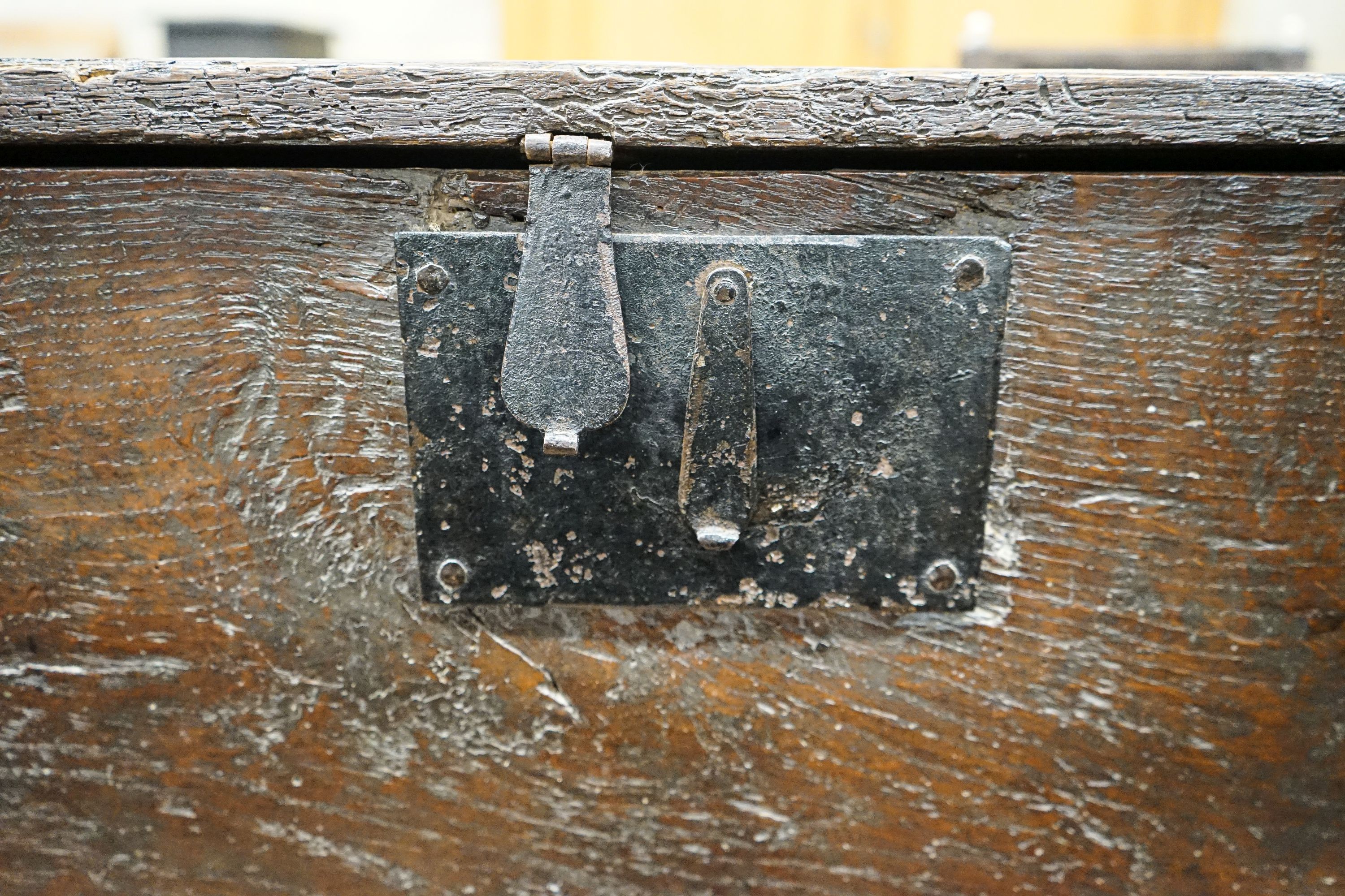 A 17th century oak and elm six plank coffer, width 104cm, depth 36cm, height 54cm - Image 2 of 8