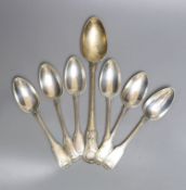 A harlequin set of six 19th century silver fiddle, thread and shell pattern tablespoons and a George