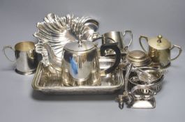 Assorted plated wares including hotel plate, entree dish and cover and claret jug mounts.