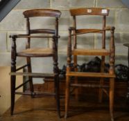 Two early Victorian carved and turned beech child's chairs, height 84cm