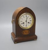 A mahogany and marquetry mantel clock, 26cm high (af) pendulum, no key