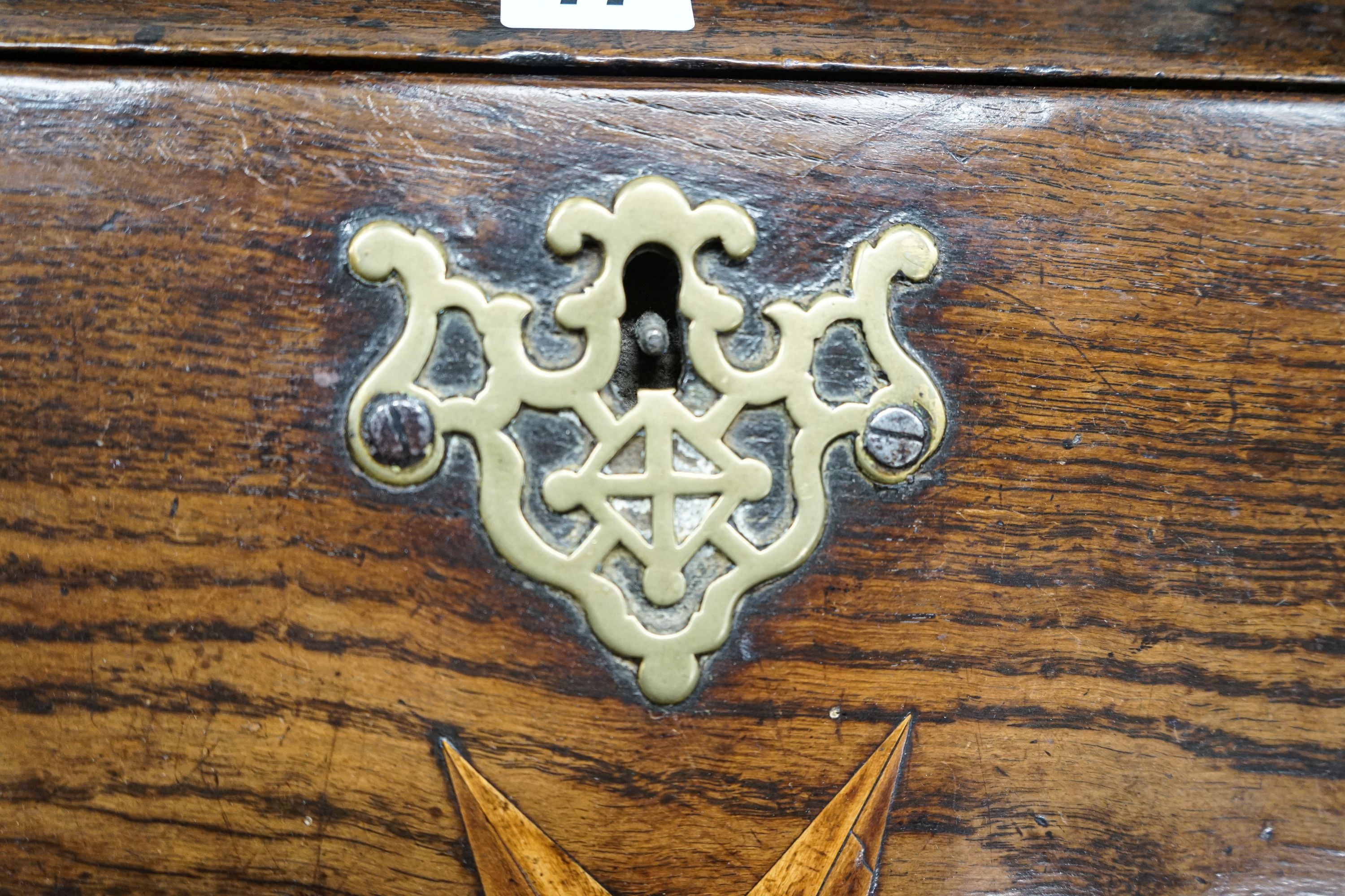 A mid 18th century inlaid oak and elm bureau, with fitted interior and single drawer, width 77cm, - Image 2 of 5