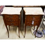 A pair of Louis XV design marquetry inlaid Kingwood marble top bedside chests, width 40cm, depth
