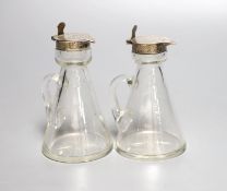 A pair of George V silver mounted glass whisky tots (one a.f.), Mappin & Webb, Birmingham, 1913, one