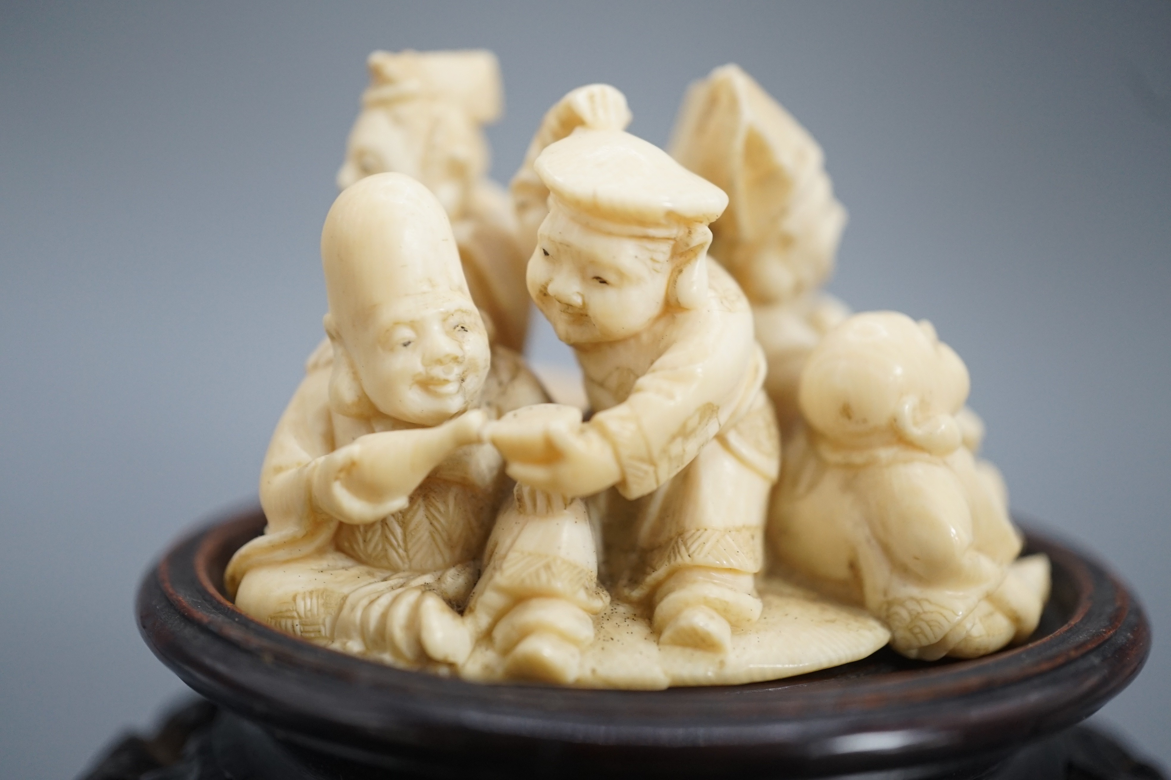 A Japanese ivory okimono of four of the Gods of Happiness, signed Gyokuzan, early 20th century, 6cm - Image 2 of 8