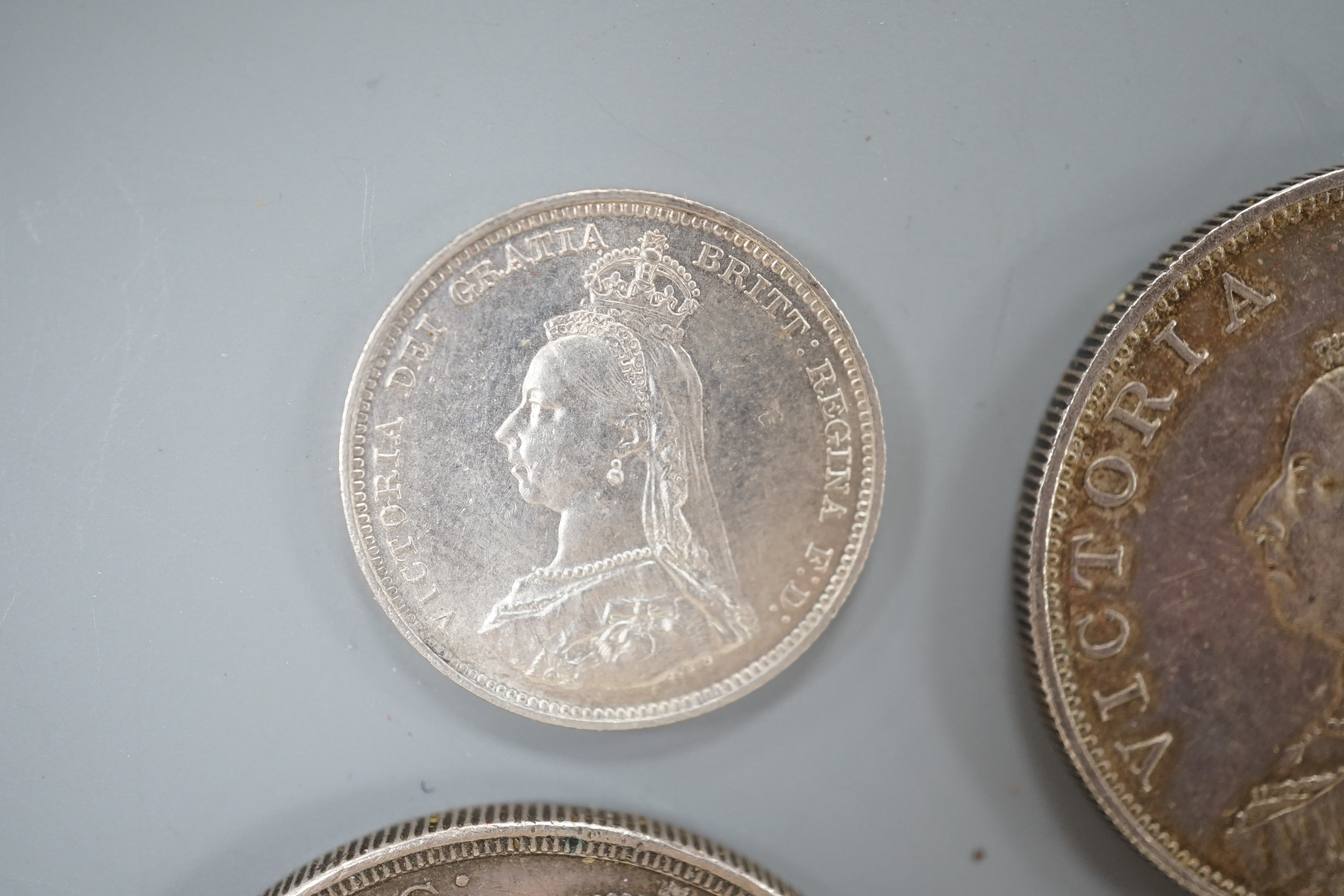 Victoria silver Jubilee head coins, double florin 1887, hairlines otherwise AEF, crown 1887, VF, - Image 6 of 8