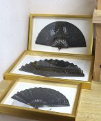 Three 19th century black sequin mounted fans, One hand painted, largest case 38.5 x 60.5 cm