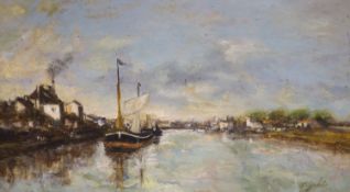 Marcel Debut (1865-1933) French. Boats on a river, oil on board, signed, 10.75" x 18"