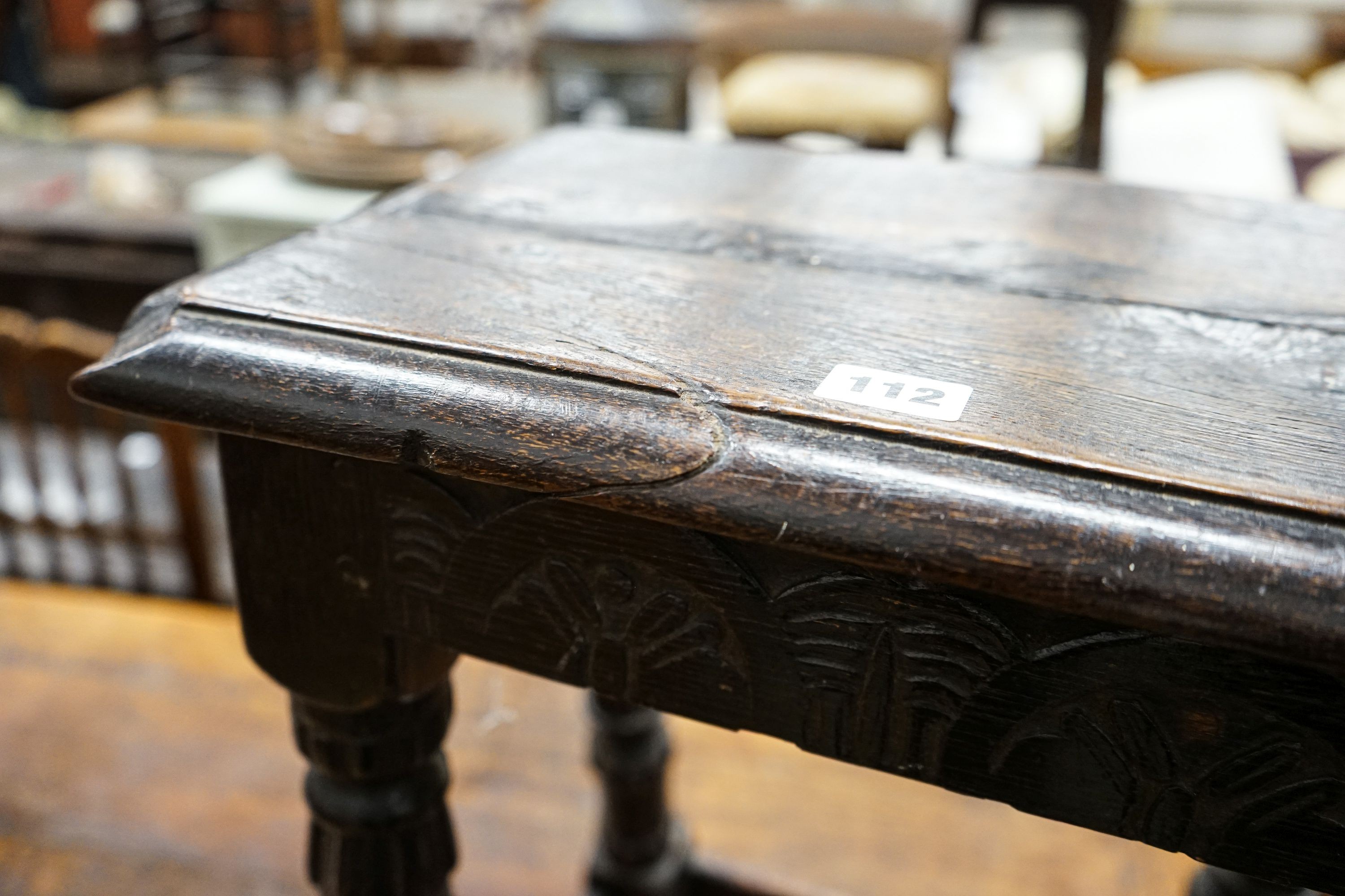 A late 18th century style stained oak joint stool, with turned and fluted legs, width 44cm, depth - Image 2 of 5