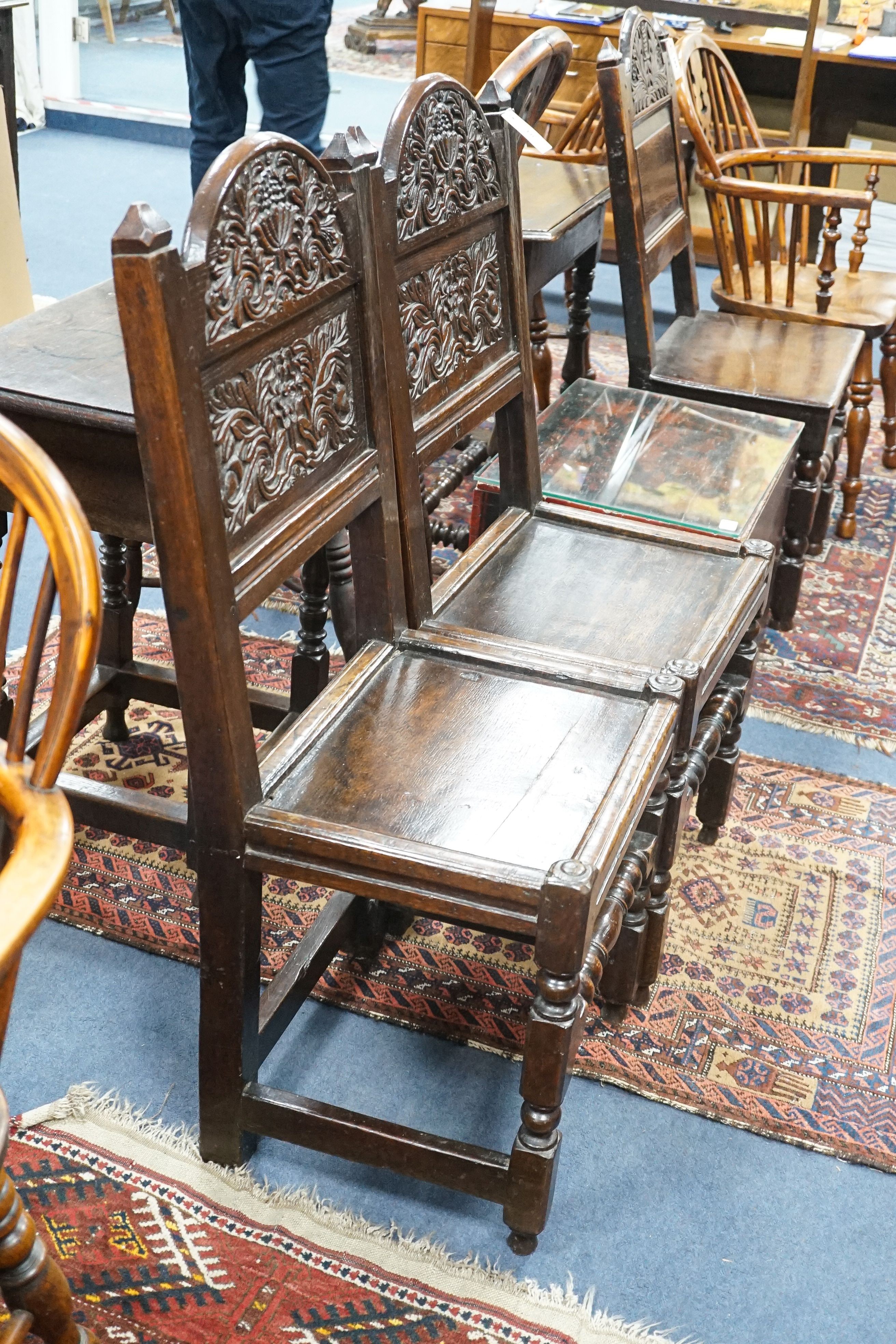 A pair of 17th century Lancashire carved oak side chairs, width 45cm, depth 39cm, height 101cm - Image 2 of 3