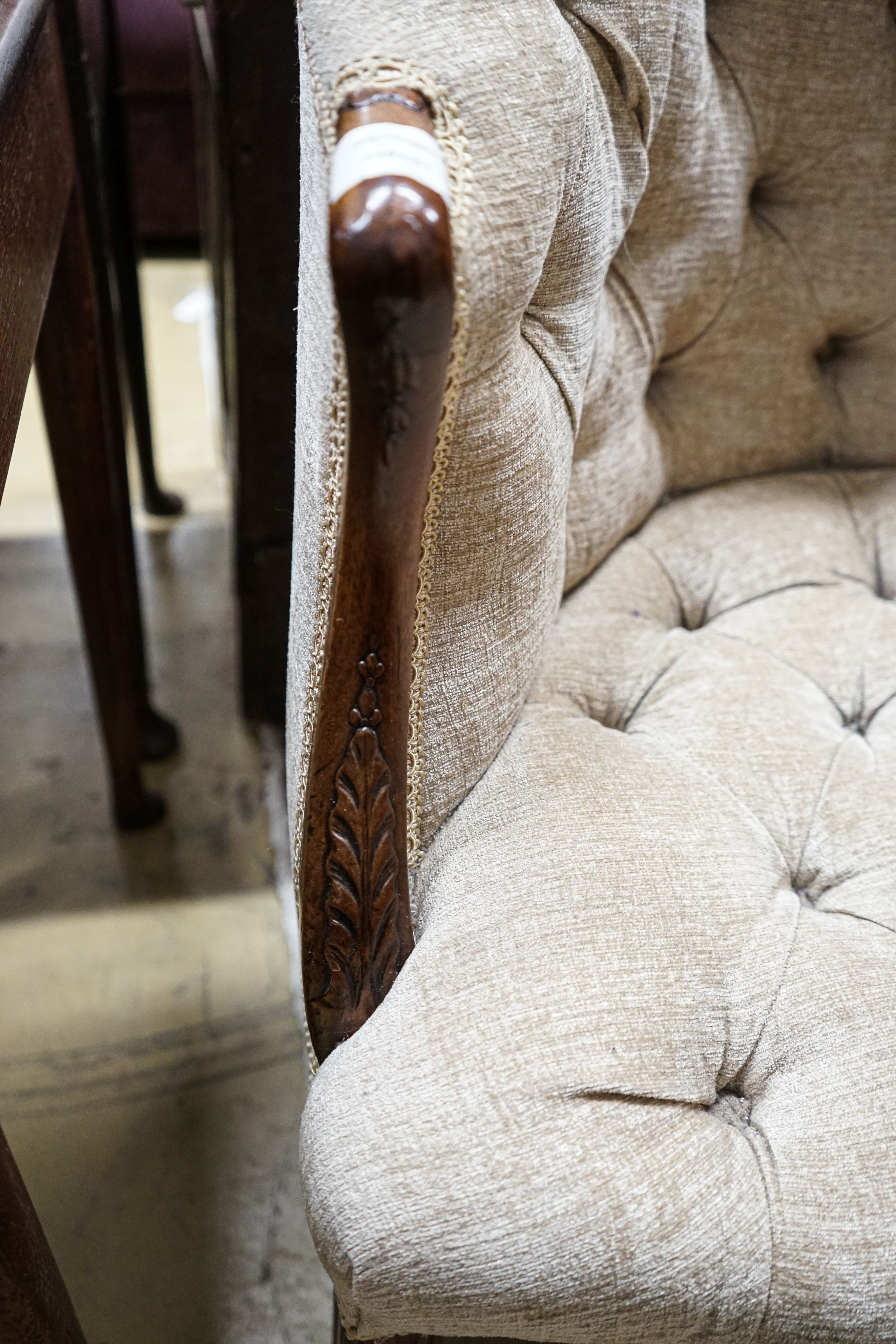 A George III Hepplewhite style mahogany tub chair, with later buttoned upholstery, acanthus carved - Image 2 of 5