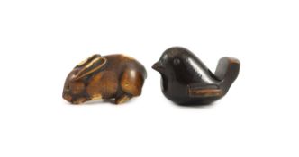 A Japanese lacquered wood netsuke of a bird and a wooden netsuke of a rabbit, 18th/19th century,