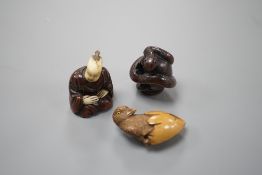 A Continental wood ‘chick and egg’ brooch ivory, 5.3cm, a Japanese ivory and wood figure and a