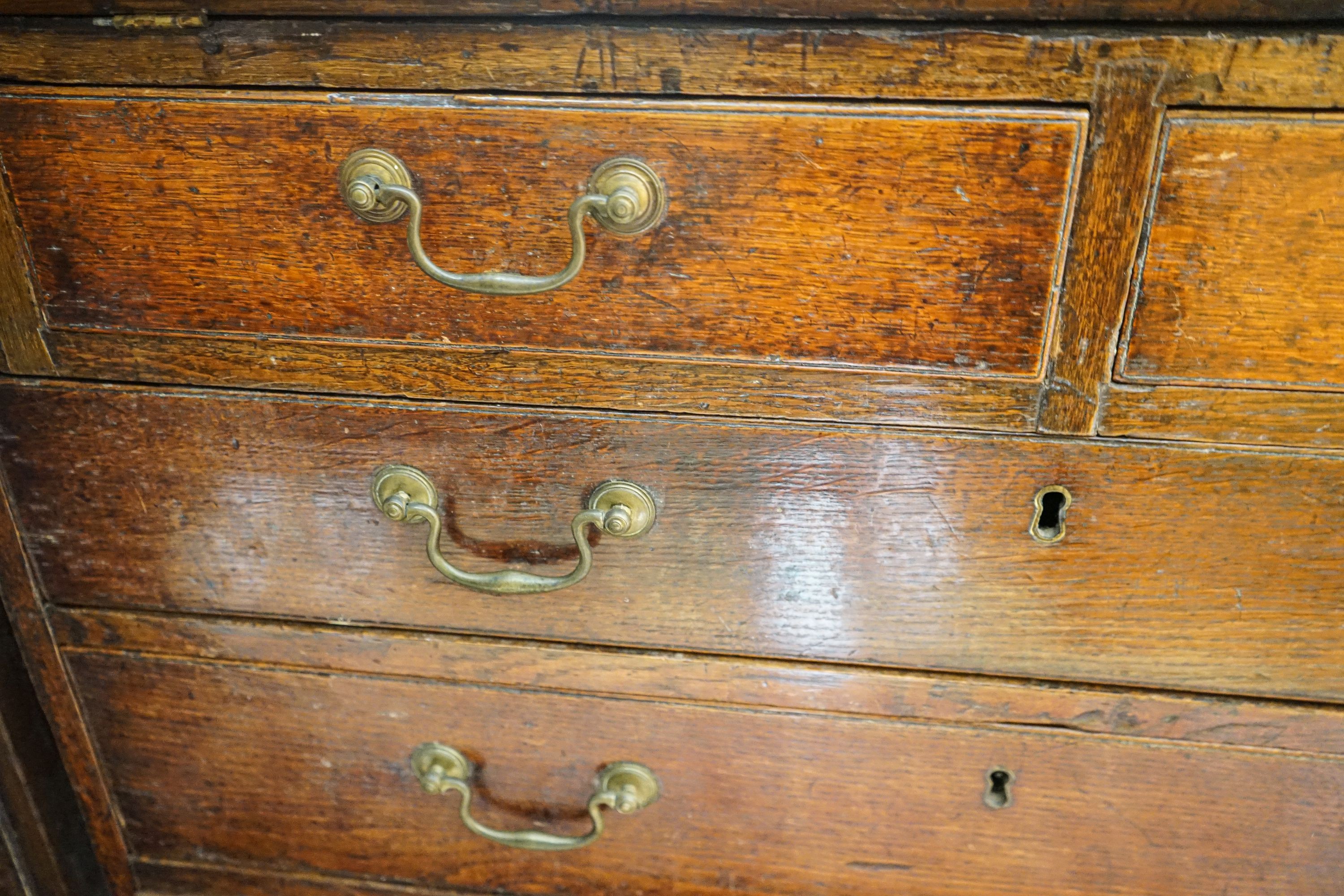 A George III oak bureau, with fitted interior, two short and three long drawers, width 92cm, depth - Image 2 of 6