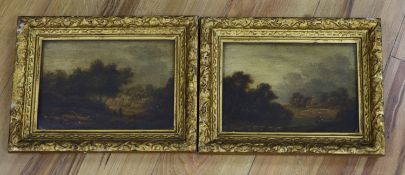 Late 18th century English School, pair of oils on wooden panels, Travellers in landscapes, 17 x
