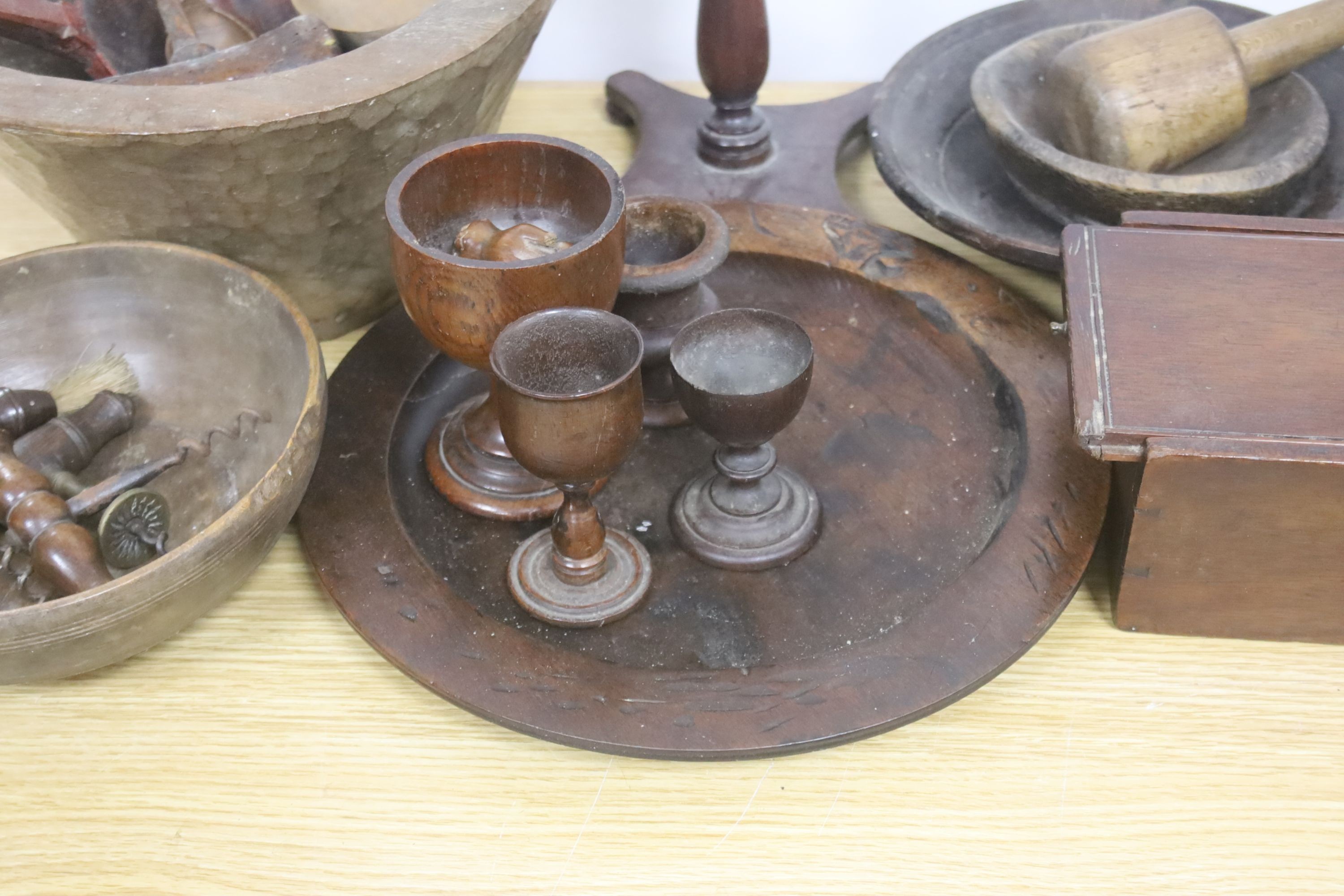 A group of assorted treen including an 18th century sliding lid mahogany box, a candle stand and - Image 3 of 7
