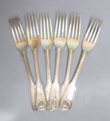 A harlequin set of six 19th century fiddle, thread and shell pattern table forks, various dates