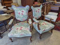 A pair of late Victorian mahogany upholstered drawing room chairs