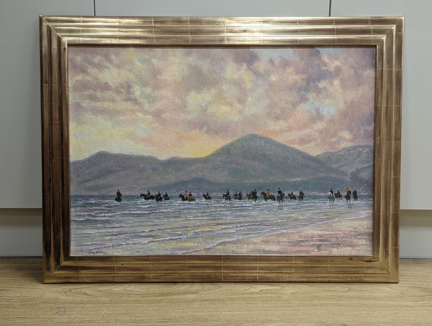 Roy Miller (1938-), oil on canvas, Huntsmen on the seashore, signed, 44 x 64cm - Image 2 of 4