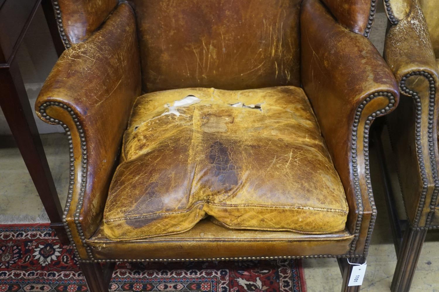 A pair of George III style tanned leather wing armchairs - Image 2 of 4