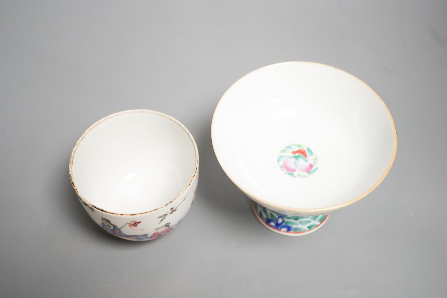 A 19th century Chinese famille stem cup, 9.5cm high and a similar jar (lacking cover), 7.5 cm high - Image 2 of 6