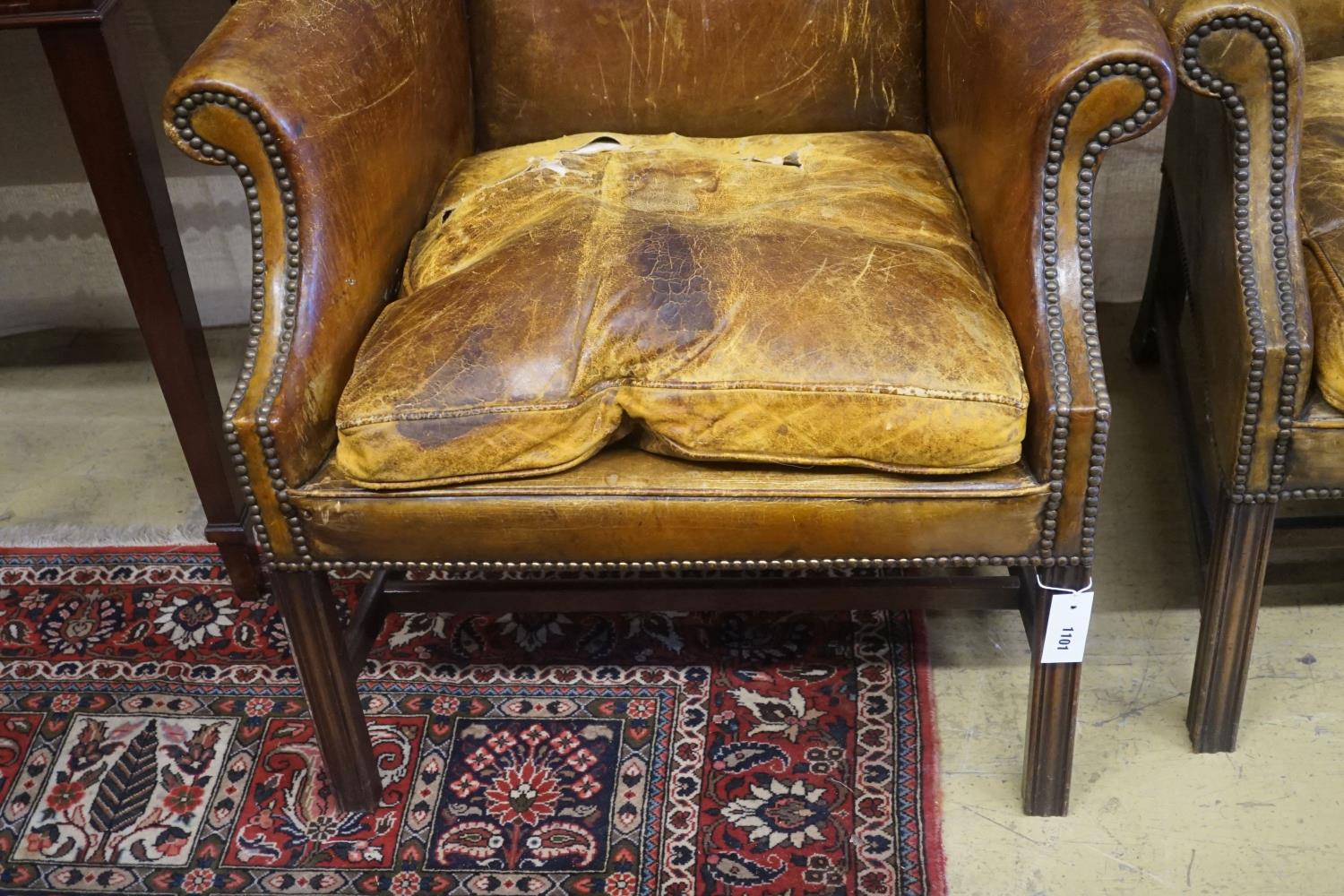 A pair of George III style tanned leather wing armchairs - Image 3 of 4