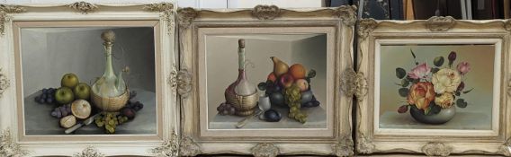 William Maxwell Reekie (1869-1948), three oils on canvas, Still lifes of flowers and fruit, signed
