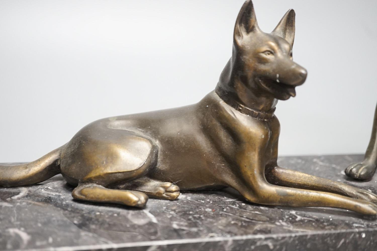 An Art Deco patinated spelter German Shepherd group, 40cm - Image 3 of 4