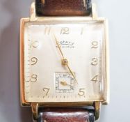 A gentleman's late 1940's 9ct gold Rotary Maximus manual wind wrist watch, on a leather strap, cased