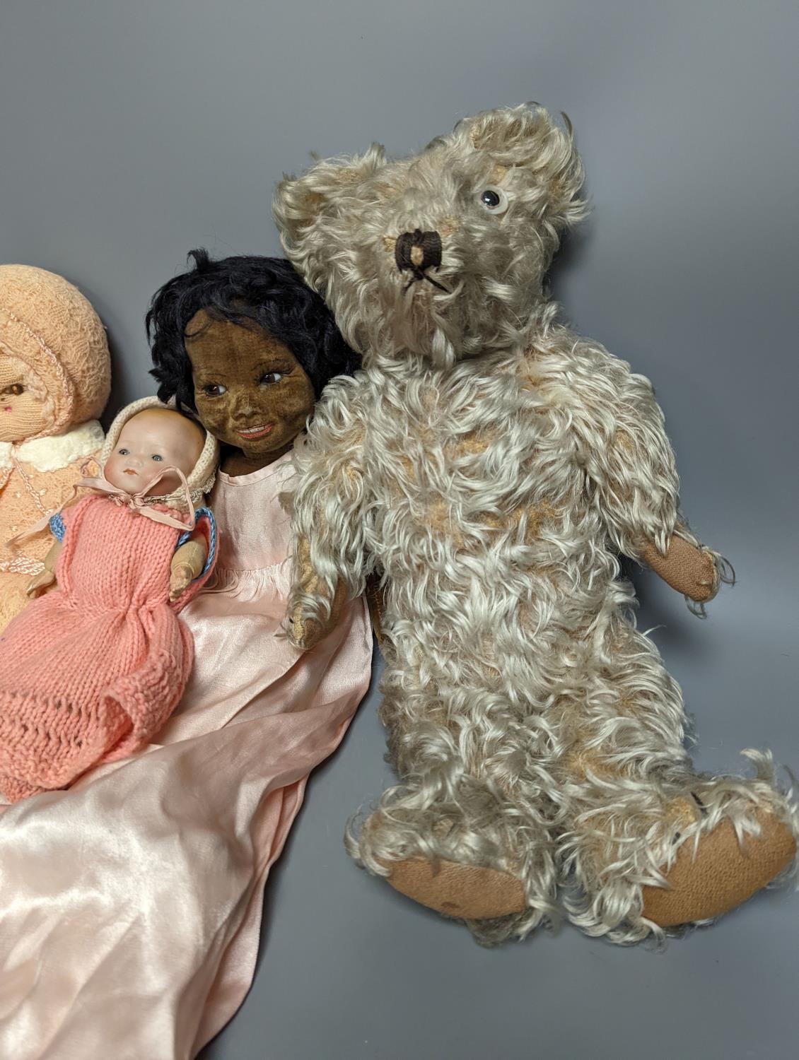 A Nora Wellings type mulatto doll and an Armmand Marseille doll 341, teddy etc, mulatto doll 43cms - Image 5 of 5