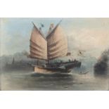 19th century Chinese school, oil on board, Junks at sea, 19 x 28cm