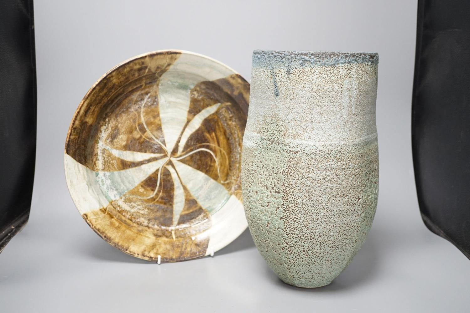 A large raku studio pottery vase, height 33cm, and a stoneware dish - Image 3 of 6