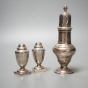 A late Victorian silver sugar caster, Charles Stuart Harris, London, 1899, 17cm and two silver early