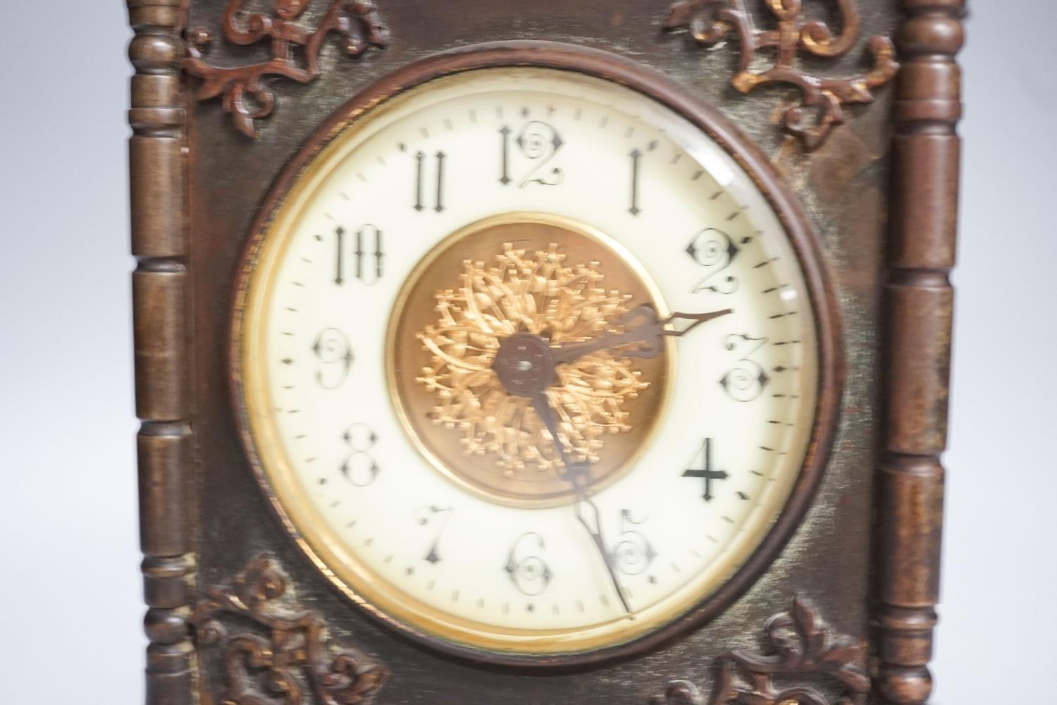 An Edwardian patinated brass mantel clock with key 30cm - Image 2 of 5