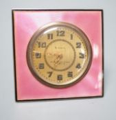 A Swiss 935 white metal and pink guilloche enamel easel timepiece, in original fitted case, 65mm.