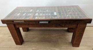 A collection of 19th century and later pen and fruit knives mounted in a coffee table