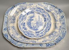 Two 19th century blue and white meat dishes and three similar plates,largest platter 49cms wide