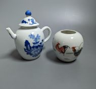 A Chinese ‘chicken’ water pot and a miniature blue and white teapot 12cm