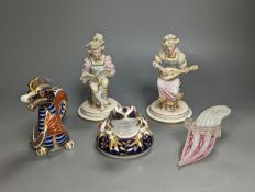 A pair of Royal Crown Derby figures of musicians, c.1905, 15cm, two similar animal paperweights
