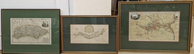 Three framed maps - The Borough of Lewes, with Cliff and Southover, from an actual survey, by J.