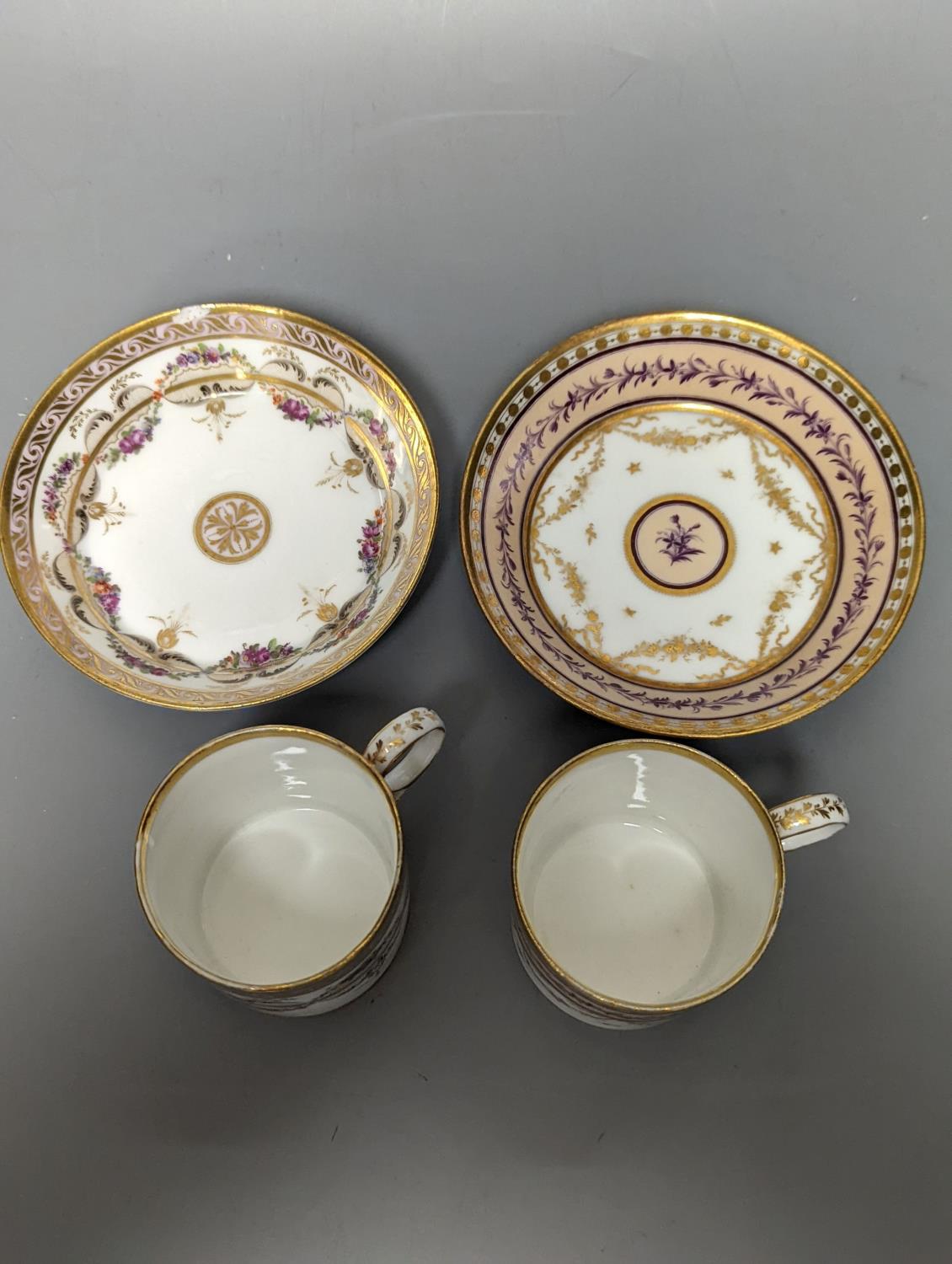 A Duc d'Angouleme coffee can and saucer painted with a puce chain of leaves on a salmon coloured - Image 3 of 3