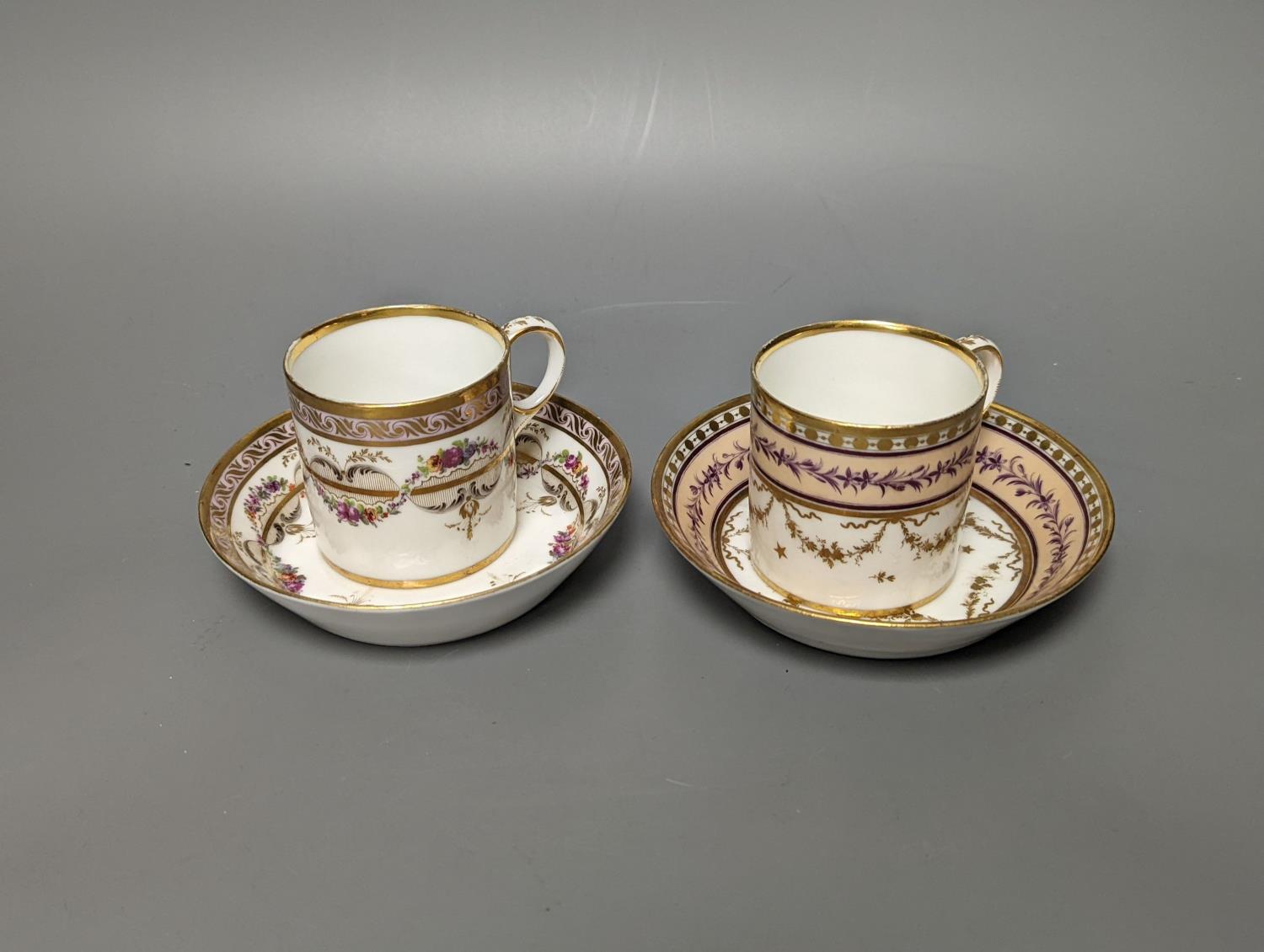 A Duc d'Angouleme coffee can and saucer painted with a puce chain of leaves on a salmon coloured