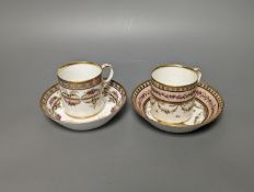 A Duc d'Angouleme coffee can and saucer painted with a puce chain of leaves on a salmon coloured